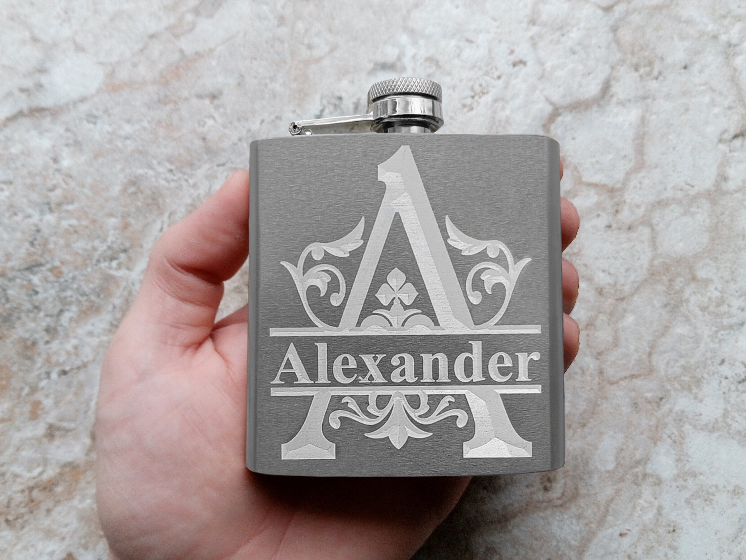 Custom Engraved Flask and Funnel Set Stainless Steel 6 oz Hip Liquor Beverage Holder Vintage Antique Style Regal Split Monogram Text